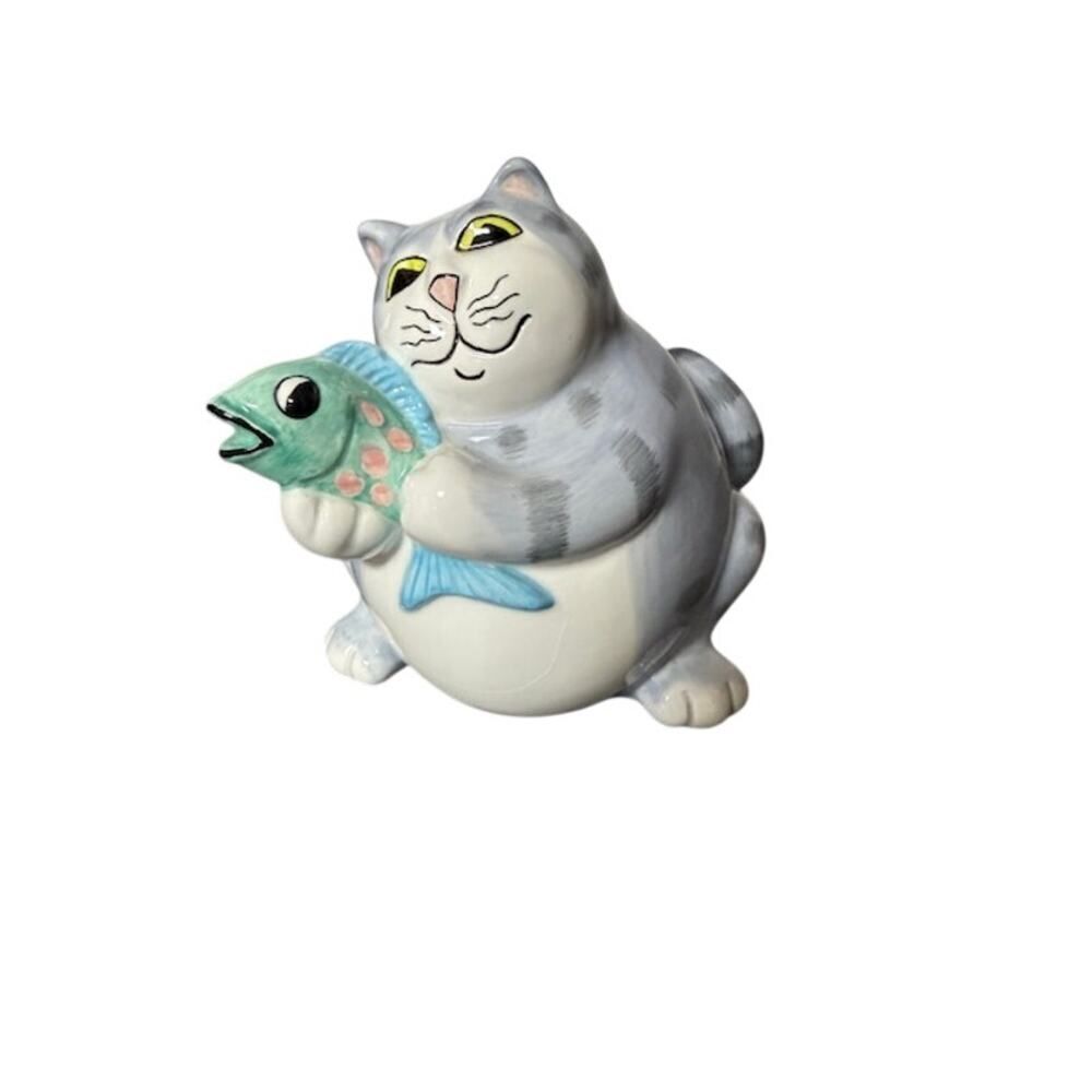 Vintage Fitz and Floyd Cat Holding a Fish Ceramic Bank 1990s
